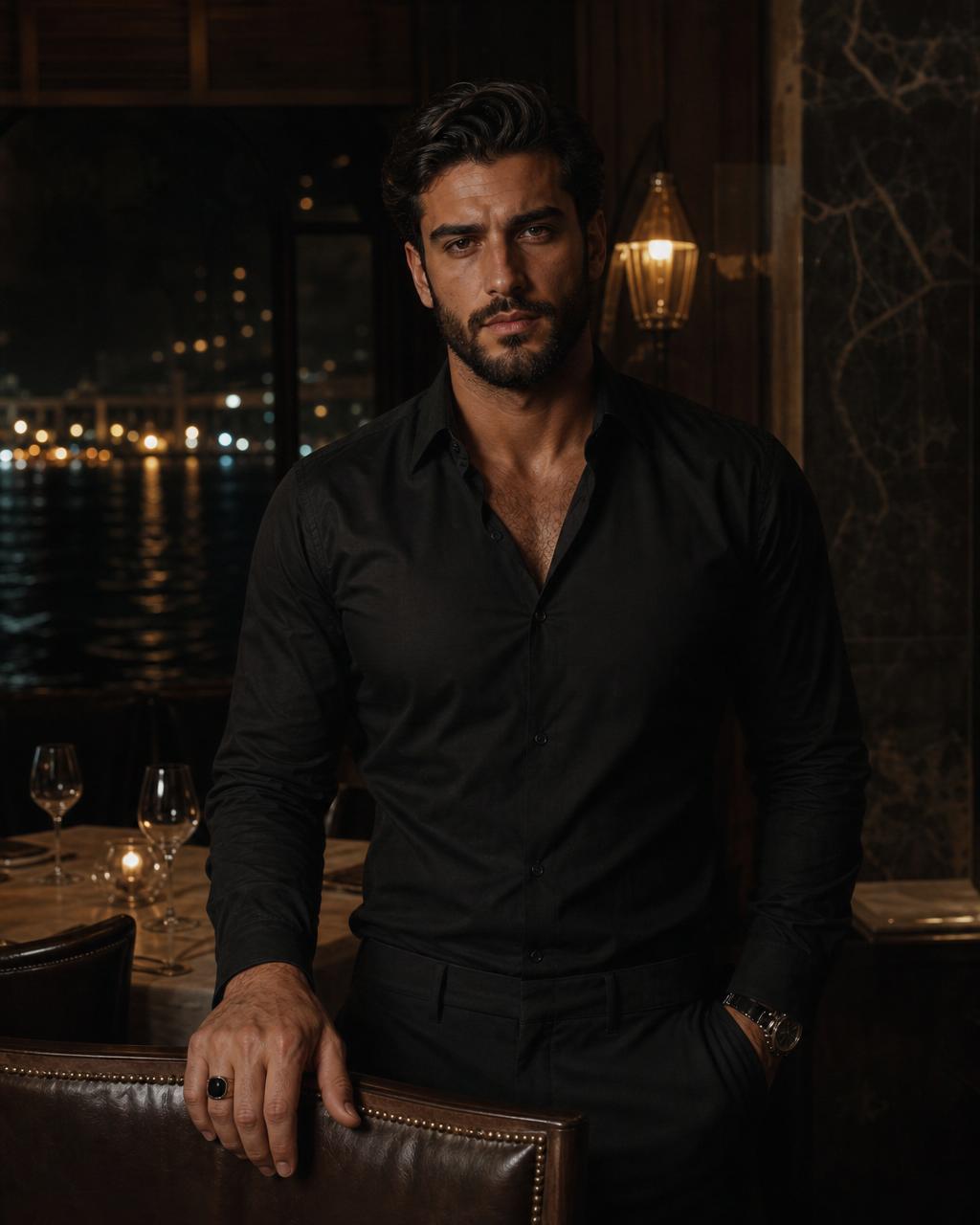 Identity portrait of Alessio Riva, heir to a powerful private logistics family.