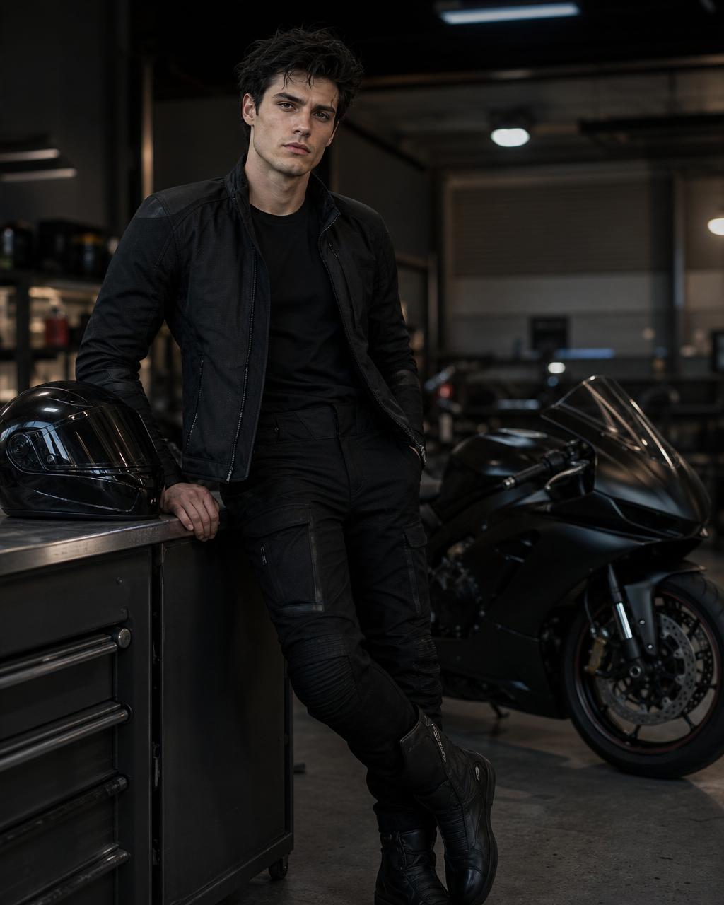 Identity portrait of Cole Mercer, superbike mechanic and underground sportbike racer.