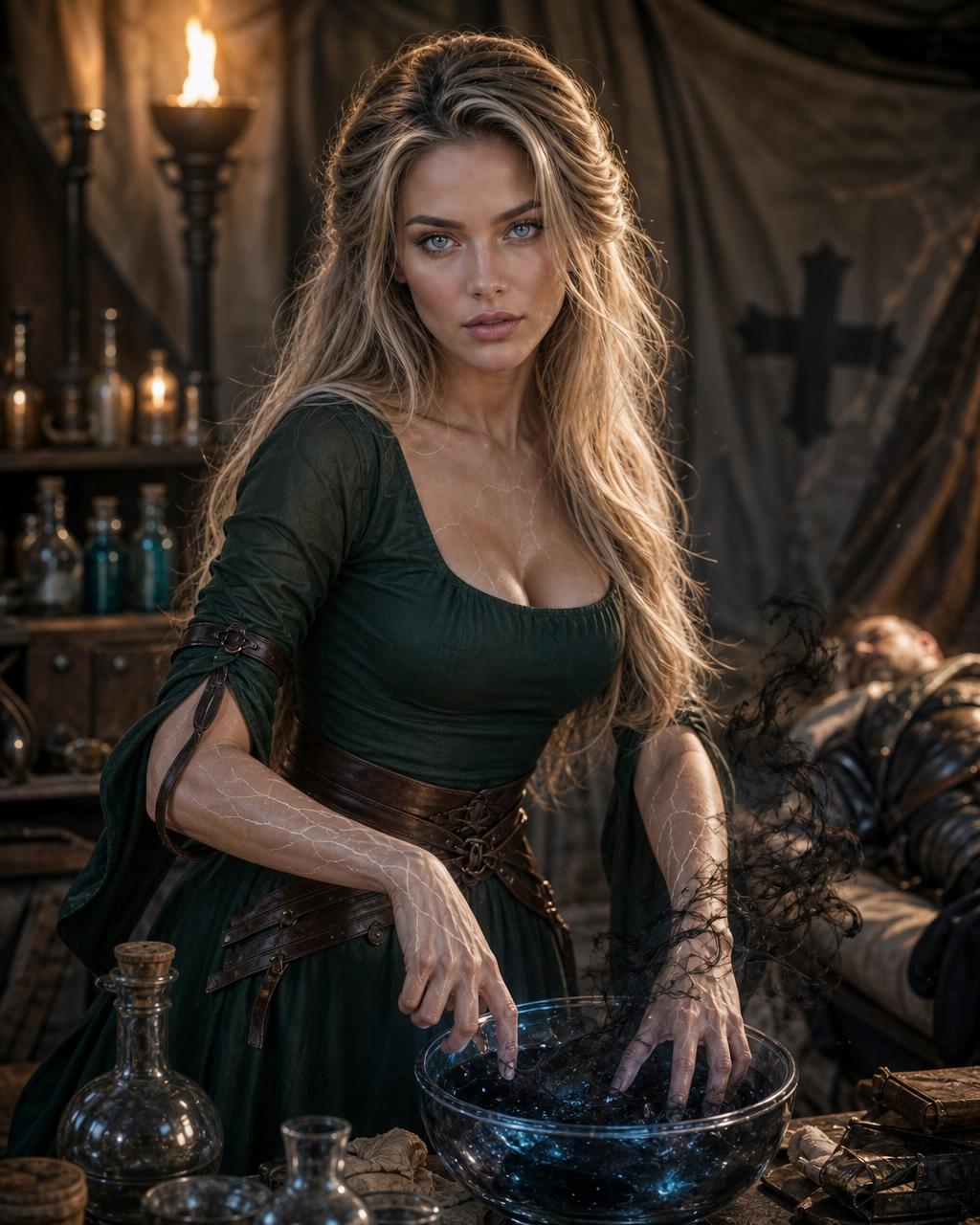 Competence scene with Maeve Corin, immortal battlefield healer and village apothecary.
