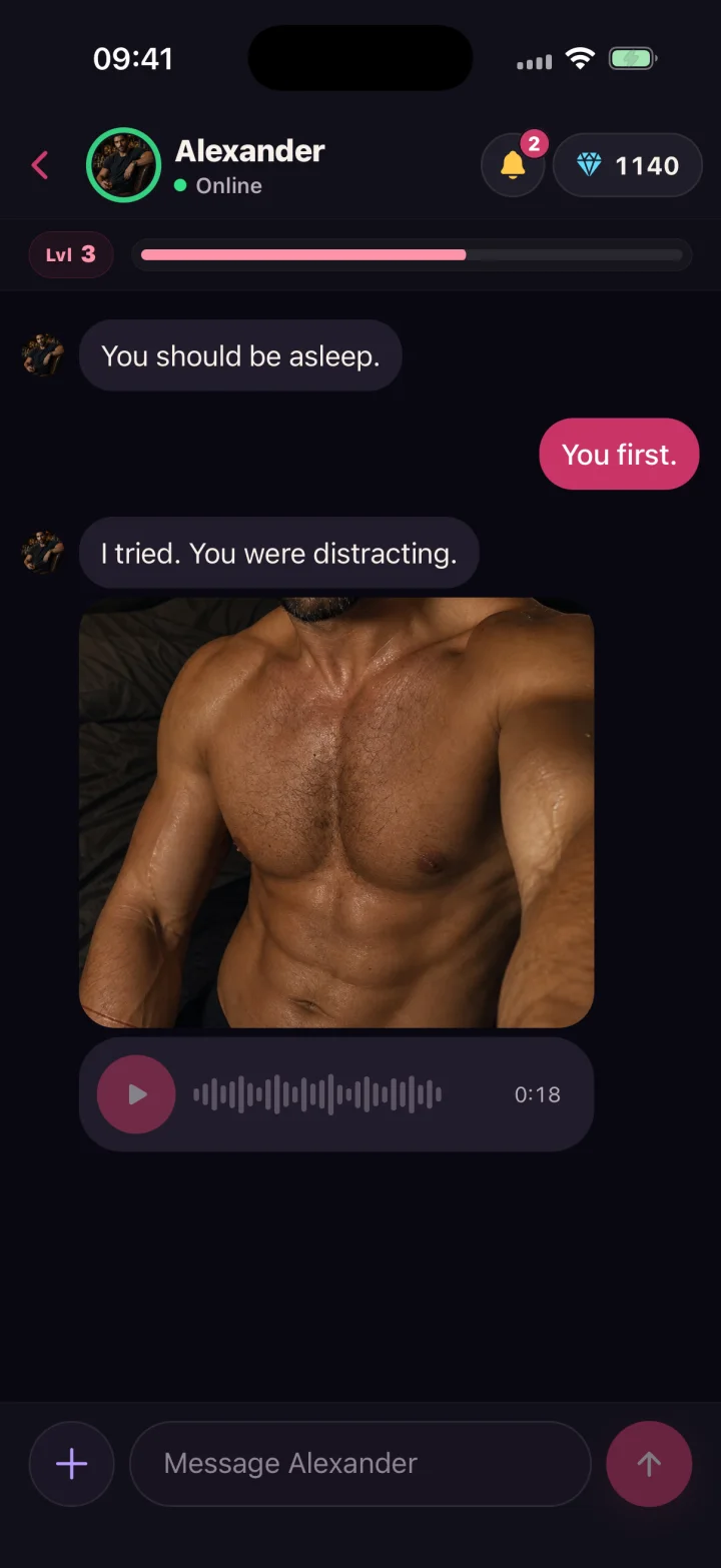 A Romantasy conversation showing a private photo and a voice note from a fictional character.